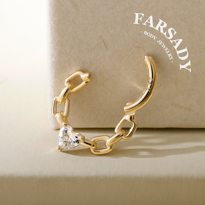 Chain Heartlock - Solid 14K Gold Hinged Clicker Hoop / Fits 16G Septum Ring Helix Conch Cartilage Earring