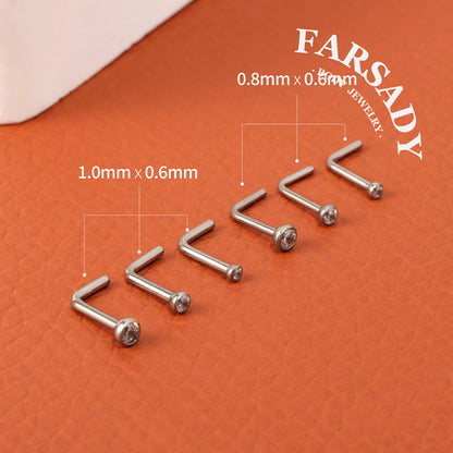Bezel Round CZ - F136 Titanium L-Shape Nose Stud / Fit 18G 20G Nose Ring