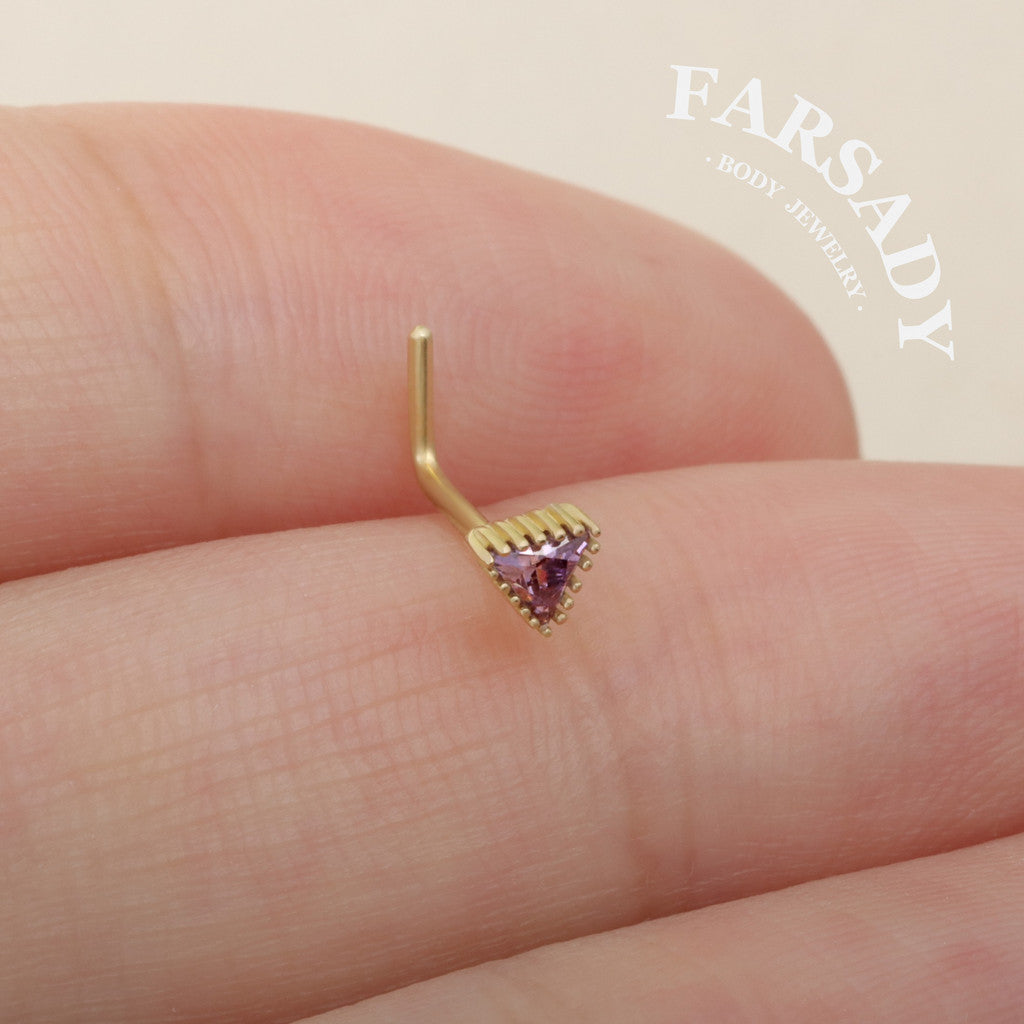 Minimal Triangle Amethyst CZ - Solid 14K Gold L-Shape Stud / Fit 20G Nostril Piercing