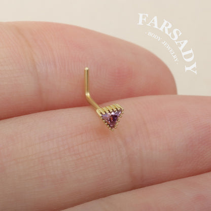 Minimal Triangle Amethyst CZ - Solid 14K Gold L-Shape Stud / Fit 20G Nostril Piercing