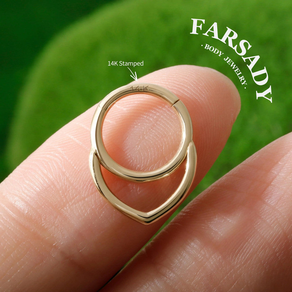 Nested Heart - Solid 14K Gold Hinged Clicker Hoop / Fits 16G Septum Ring Helix Conch Cartilage Earring