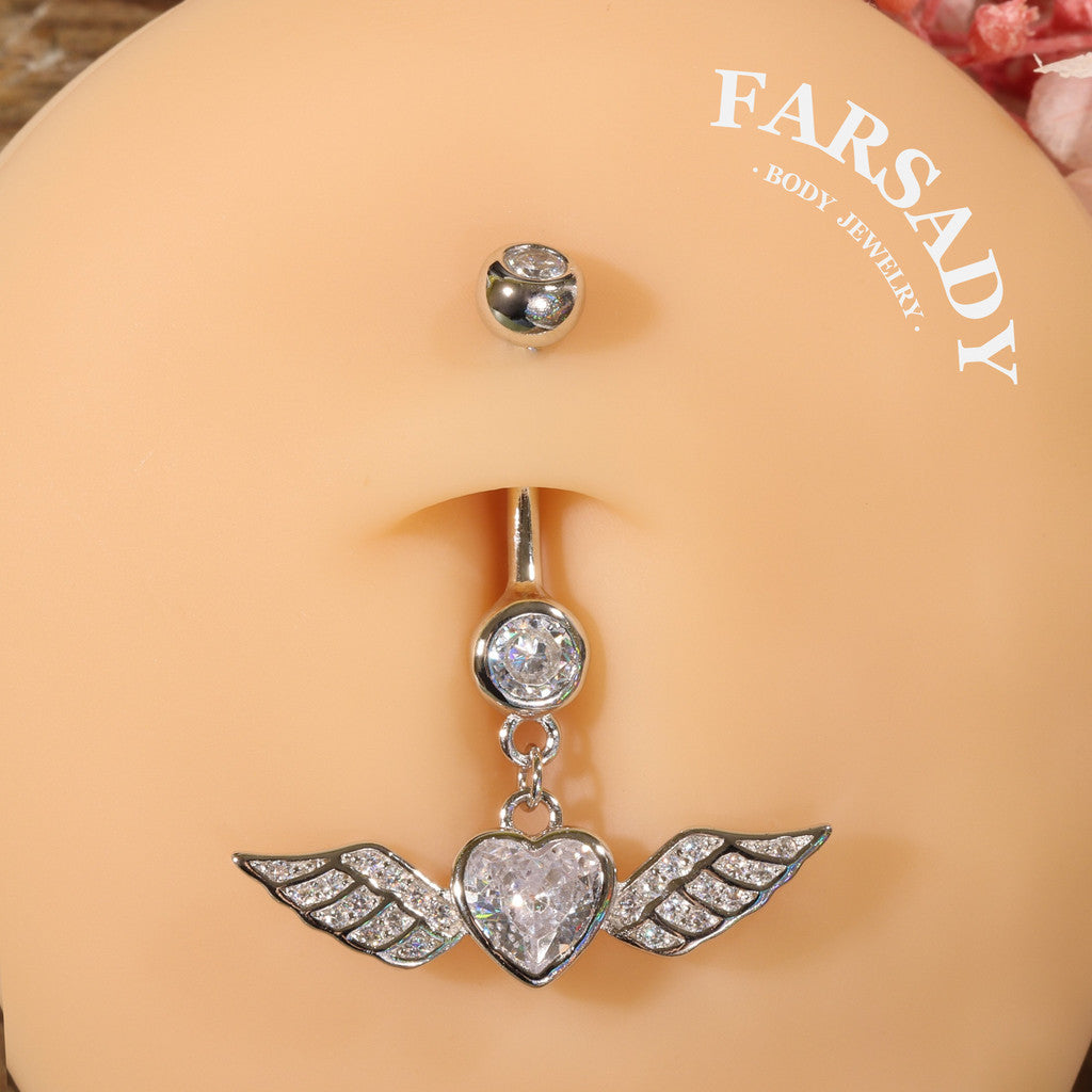 Winged Heart Drift - 925 Silver Clear CZ Belly Button Ring / Fits 14G Navel Piercing