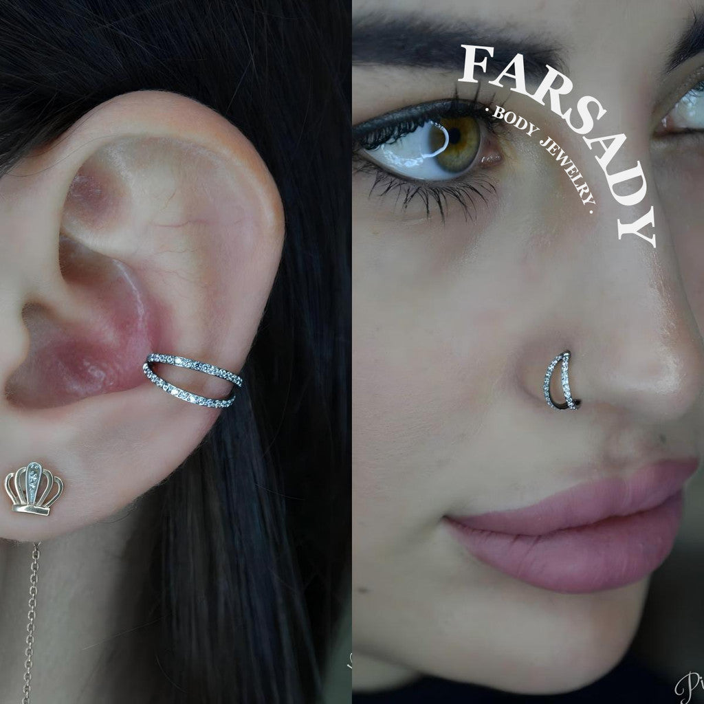18G Titanium CZ Hinged Conch Earring Nose Hoop  | Double Line Shine Nostril Clicker | Stainless Steel Helix Eyebrow Piercing 1.0*8mm/10mm Silvery Golden Cartilage Ear Jewelry