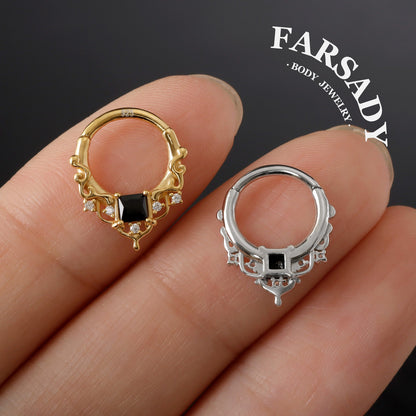 Black CZ Byzantine Design Septum - 925 Sterling Silver Septum Ring| Hinged Segment Clicker| Nose/Helix/Daith/Lobe Clicker | Gold or Silver