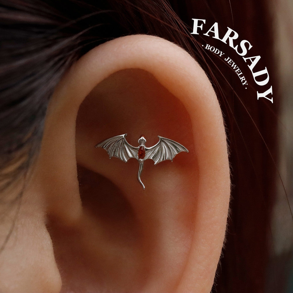 Flying Dragon Cartilage Threadless Stud, Helix Flat Back Earring,Orginal Design Nose Piercing Jewerlry, Sterling Silver Tragus Conch Push IN