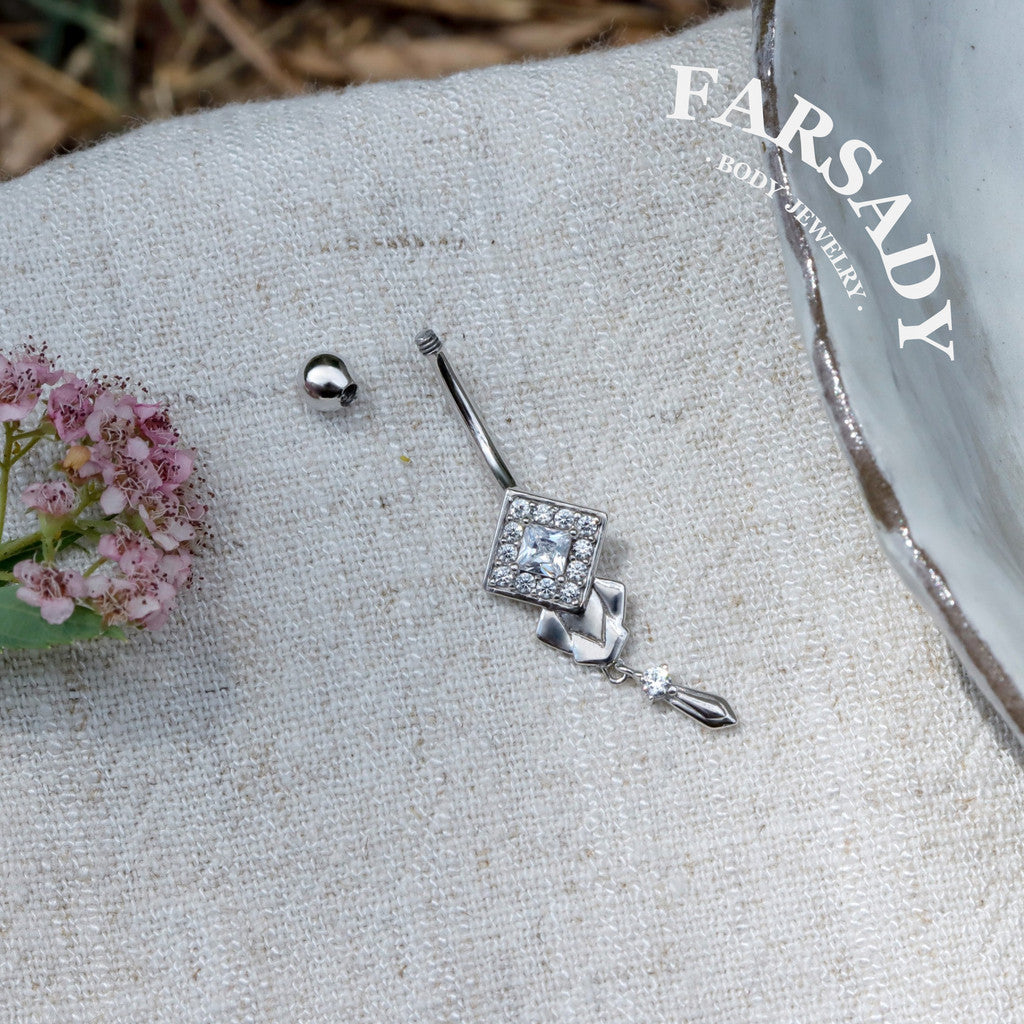 14G Belly Button Ring – 925 Silver 18K Gold Plated| Clear CZ Amulet Belly Ring Dangle Bar| Hypoallergenic Navel Piercing Jewelry| Waterproof