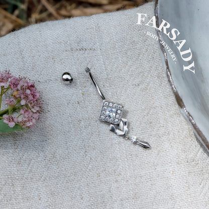 14G Belly Button Ring – 925 Silver 18K Gold Plated| Clear CZ Amulet Belly Ring Dangle Bar| Hypoallergenic Navel Piercing Jewelry| Waterproof