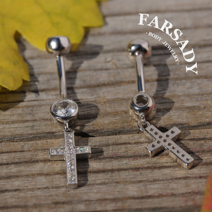 Cross Dew Pendant - 925 Silver Clear CZ Belly Button Ring / Fits 14G Navel Piercing
