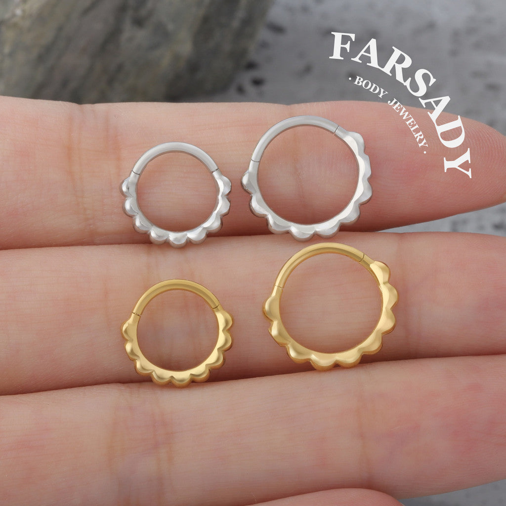 Scallop Edge - 316L Hinged Clicker Hoop / Fits 16G Septum Ring Helix Conch Cartilage Earring