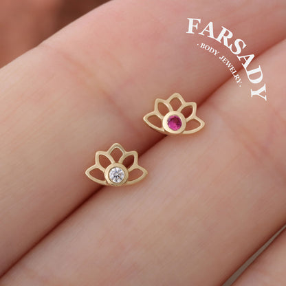 Crimson Lotus - Solid 14K Gold Threadless Stud / Fits Cartilage Helix Tragus Lobe Nostril Piercing