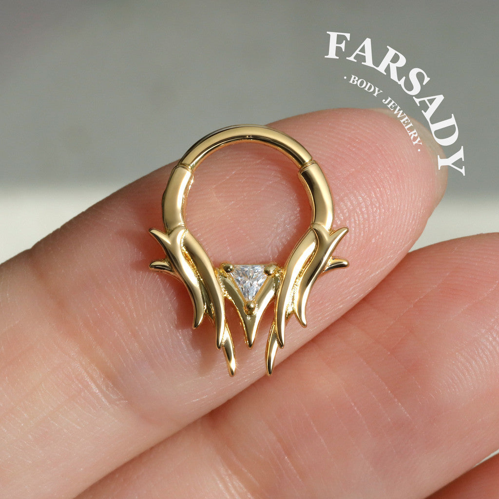 16G Thron Theme Septum Ring with Triangle Stone: Original Design Daith Earring Hoop, 8/10mm Hinged Septum Clicker, 316L Steel Nose Ring Hoop