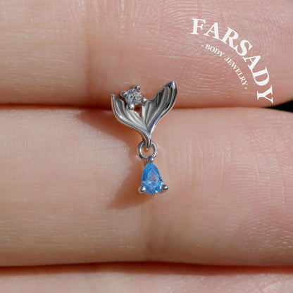 Mermaid Legend Helix Stud Earring with Blue CZ Dangle, Sterling Silver Tragus Lobe Conch Piercing Jewelry, Titanium Flat Back Ear Stack