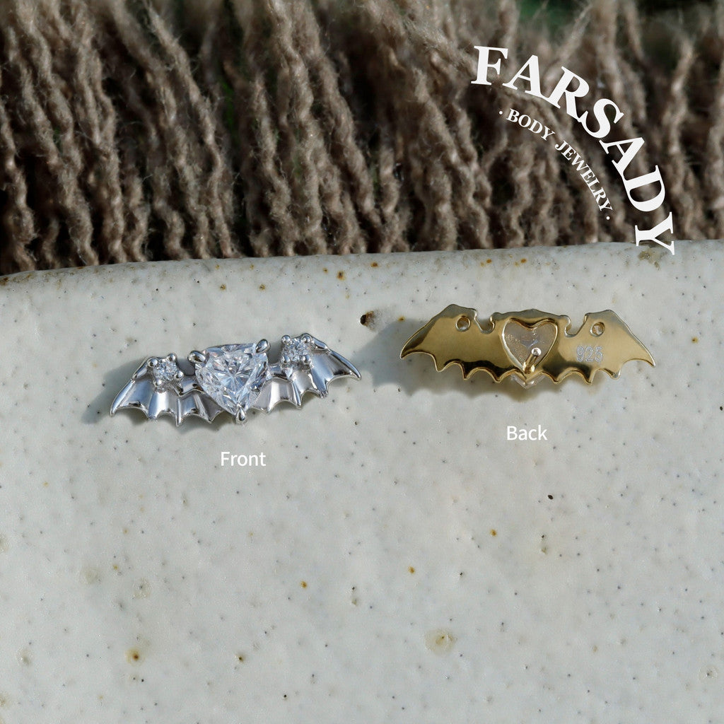 Bat Wing Heart Gem Flat Helix Threadless Stud: Sterling Silver Cartilage Earring, 18K Gold Plated Helix Conch Tragus Lobe Piercing Jewelry