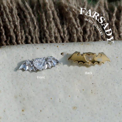 Bat Wing Heart Gem Flat Helix Threadless Stud: Sterling Silver Cartilage Earring, 18K Gold Plated Helix Conch Tragus Lobe Piercing Jewelry