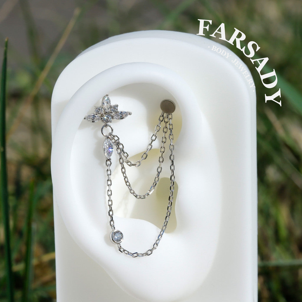 Petal Chain - 925 Silver Threadless Stud / Fits Cartilage Helix Tragus Lobe Earring