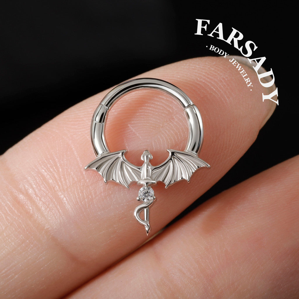 Winged Dagger - Dragon Wing CZ Hinged Clicker Hoop / Fits 16G Septum Ring Helix Conch Daith Earring