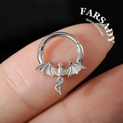 Winged Dagger - Dragon Wing CZ Hinged Clicker Hoop / Fits 16G Septum Ring Helix Conch Daith Earring