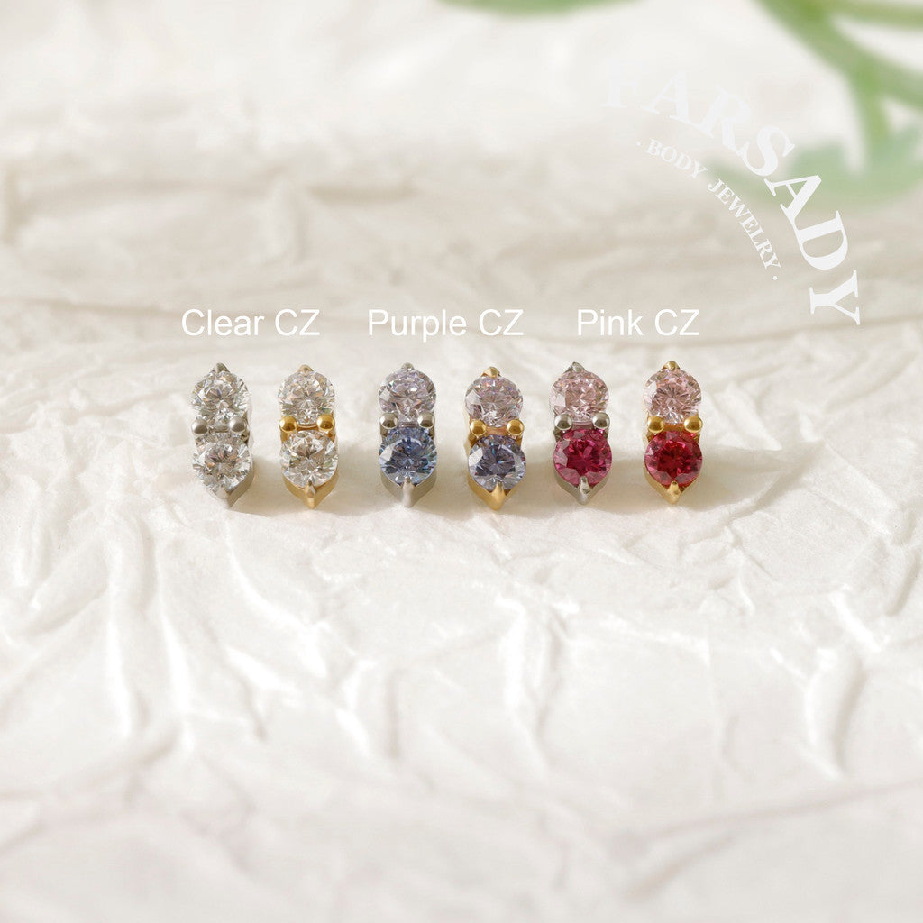 Vertical Twin Gem - F136 Titanium Internally Threaded Stud / Fits Cartilage Helix Tragus Lobe Nostril Piercing