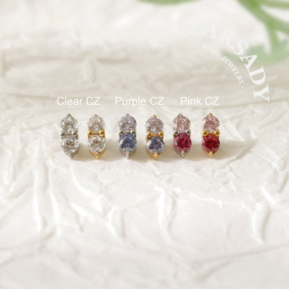 Vertical Twin Gem - F136 Titanium Internally Threaded Stud / Fits Cartilage Helix Tragus Lobe Nostril Piercing