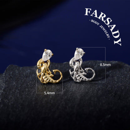 Sterling Silver Crimson Scorpion Helix Stud Threadless Push In  Earring 18K Gold Plated Tragus Conch Piercing Jewelry Hypoallergenic Piercing Minimal Cartliage Stud Gift Packaged