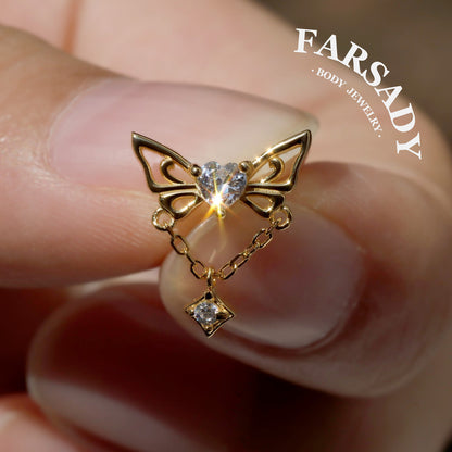 Butterfly Helix Stud Earring – Heart CZ Cartilage Chain Earring | Threadless Flat Back | Gold or Silver | Cartilage Dangle Piercing Jewelry