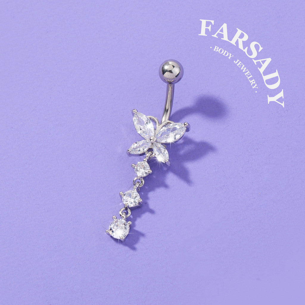 Butterfly Glimmer Trail - CZ Dangle Belly Button Ring / Fits 14G Navel Piercing