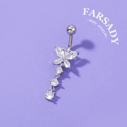 Butterfly Glimmer Trail - CZ Dangle Belly Button Ring / Fits 14G Navel Piercing