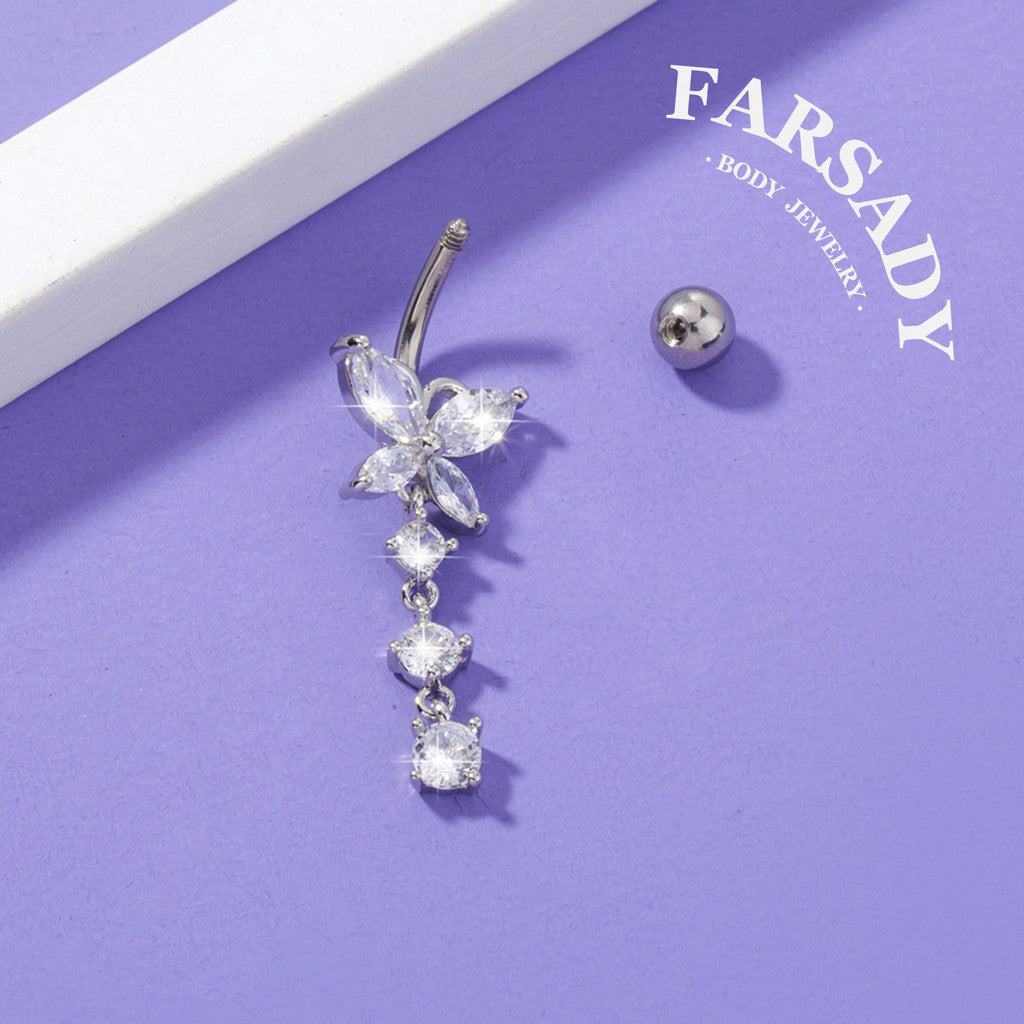Butterfly Glimmer Trail - CZ Dangle Belly Button Ring / Fits 14G Navel Piercing