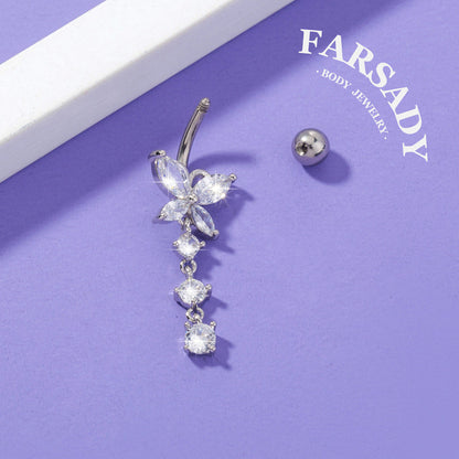 Butterfly Glimmer Trail - CZ Dangle Belly Button Ring / Fits 14G Navel Piercing