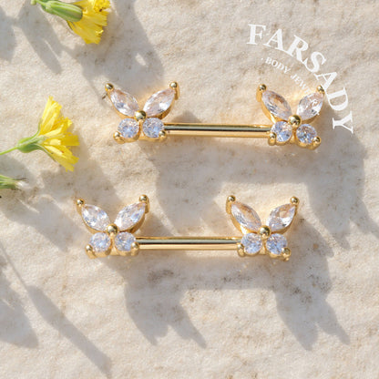 Crystal Butterfly - 2PCS Clear CZ Straight Barbell / Fits 16G Chest Piercing Nose Bridge