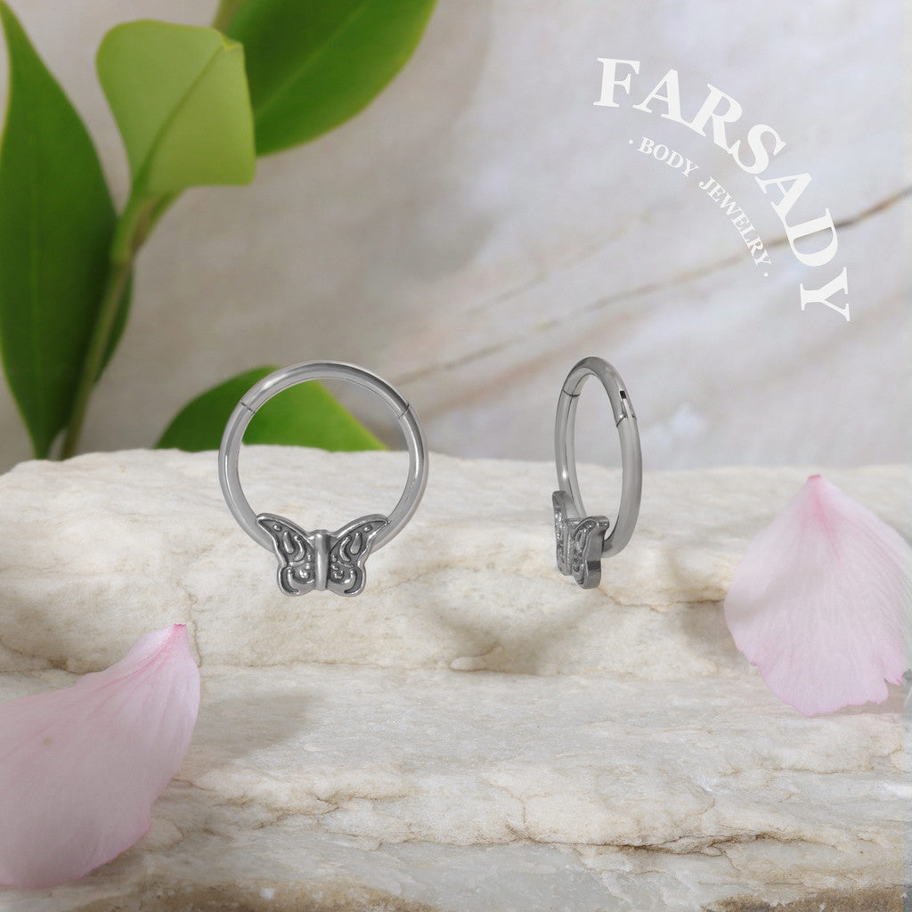 Etch Butterfly - ASTM F136 Titanium Hinged Clicker Hoop / Fits 16G Septum Ring Helix Conch Cartilage Earring