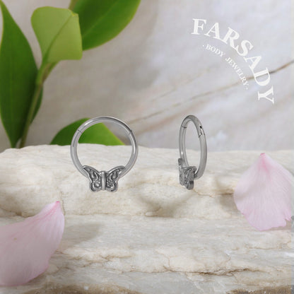 Etch Butterfly - ASTM F136 Titanium Hinged Clicker Hoop / Fits 16G Septum Ring Helix Conch Cartilage Earring