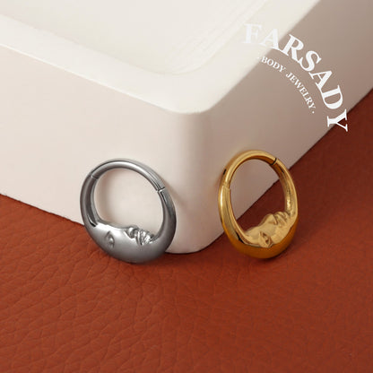 Moon Face - F136 Titanium Hinged Clicker Hoop / Fits 16G Septum Ring Helix Conch Cartilage Earring