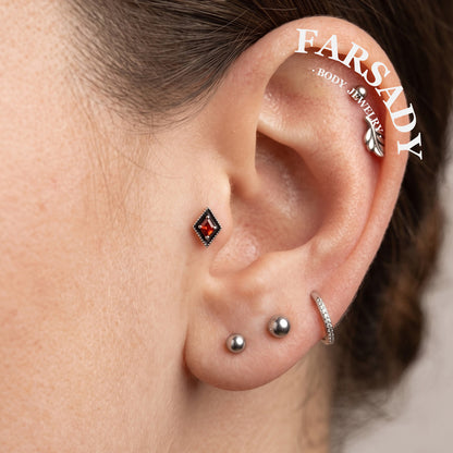 Crimson Rhomb - 925 Silver Threadless Stud / Fits Cartilage Helix Tragus Lobe Nostril Piercing