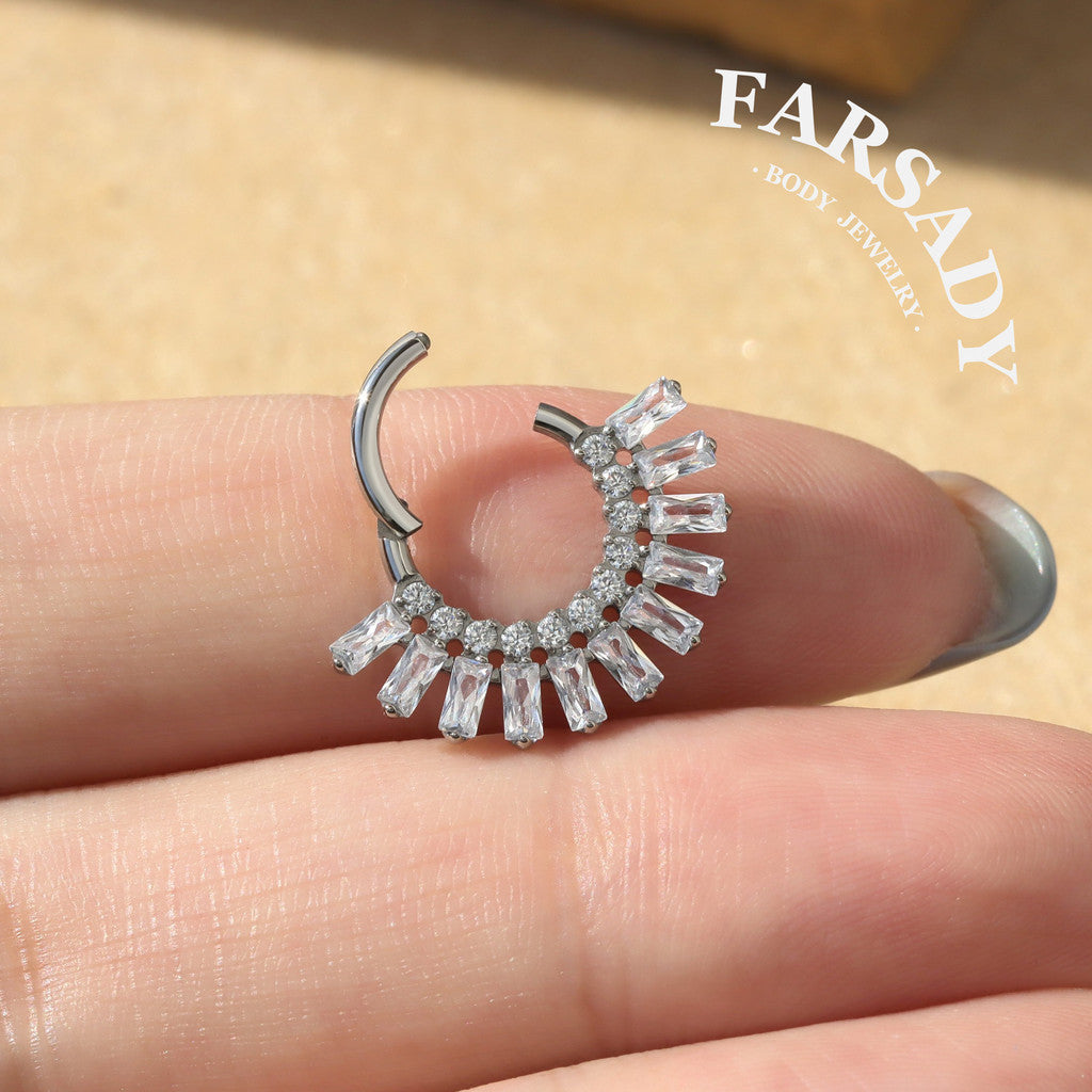Sun Burst - F136 Titanium Hinged Clicker Hoop / Fits 16G Septum Ring Helix Conch Cartilage Earring