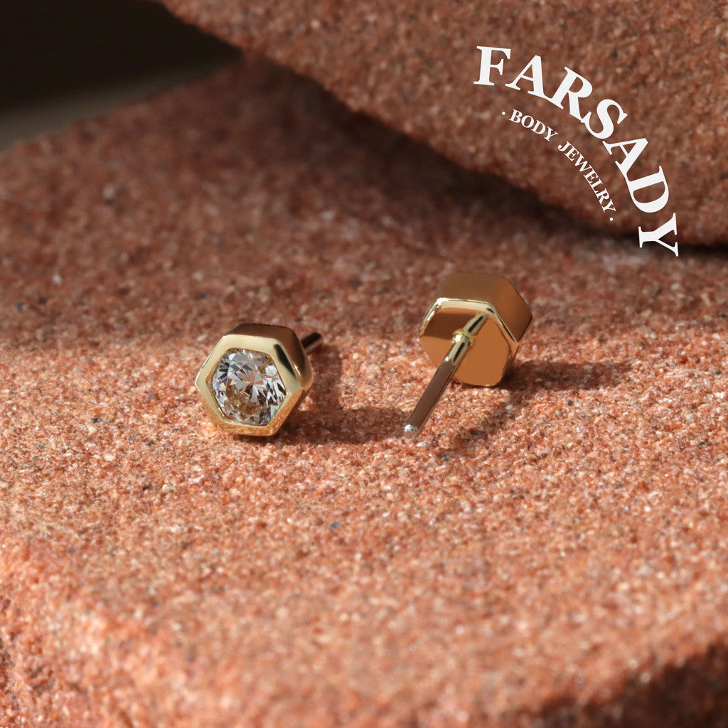 Dual Hexa - Solid 14K Gold Threadless Stud / Fits Cartilage Helix Tragus Lobe Nostril Piercing