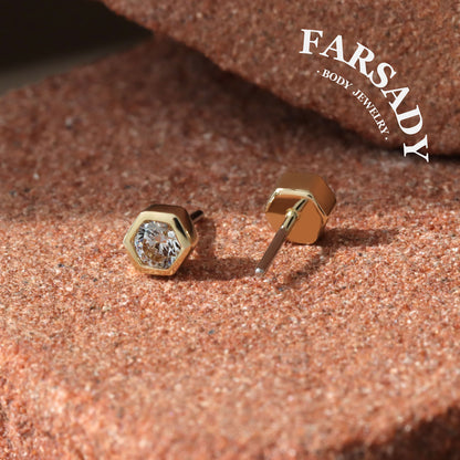 Dual Hexa - Solid 14K Gold Threadless Stud / Fits Cartilage Helix Tragus Lobe Nostril Piercing