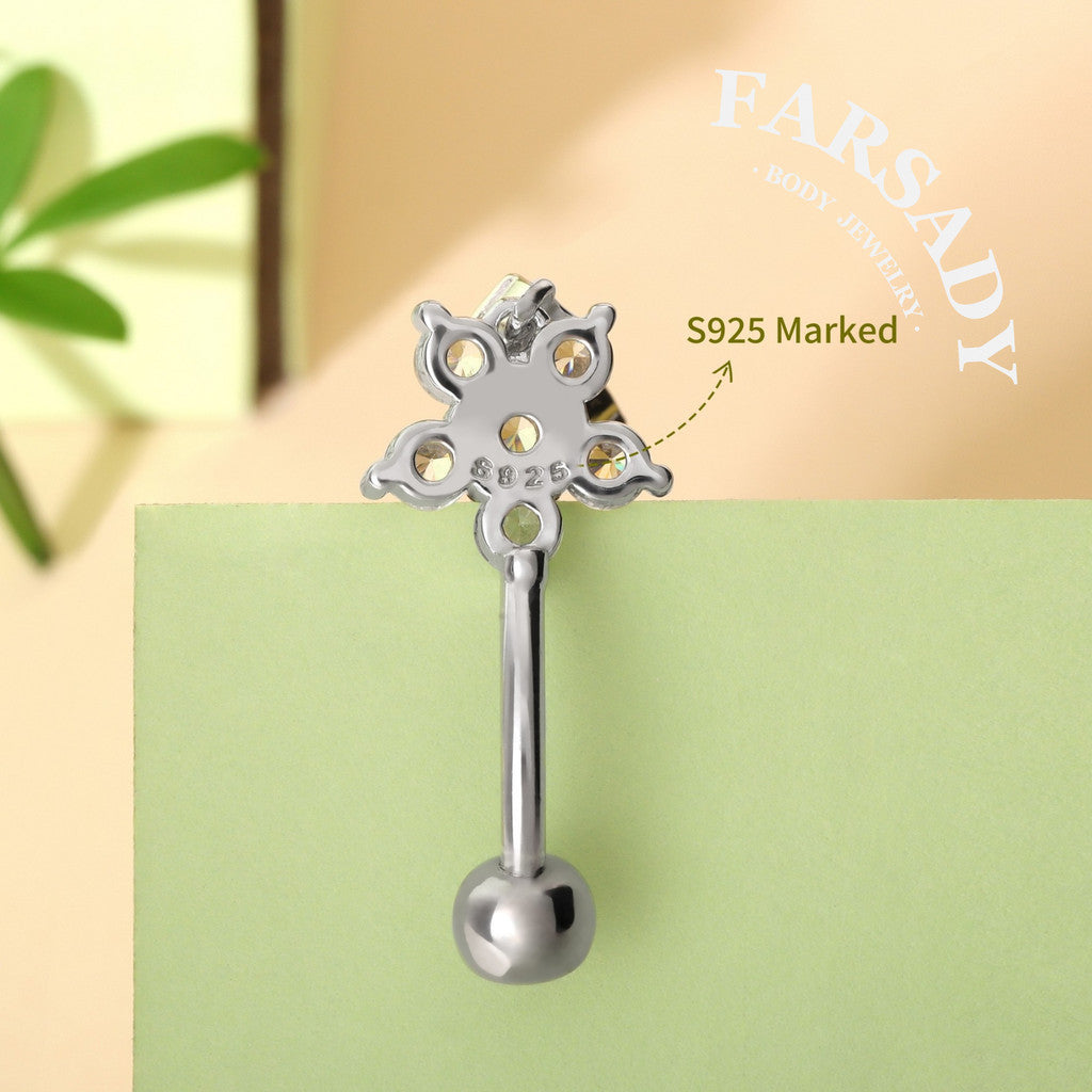 Snowflake Dew Trail - 925 Silver Clear CZ Belly Button Ring / Fits 14G Navel Piercing