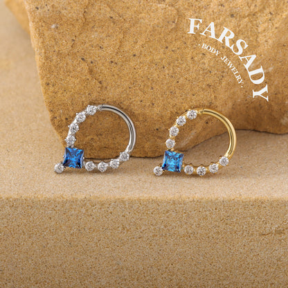 Sapphire Drop - F136 Titanium Hinged Clicker Hoop / Fits 16G Septum Ring Helix Conch Cartilage Earring