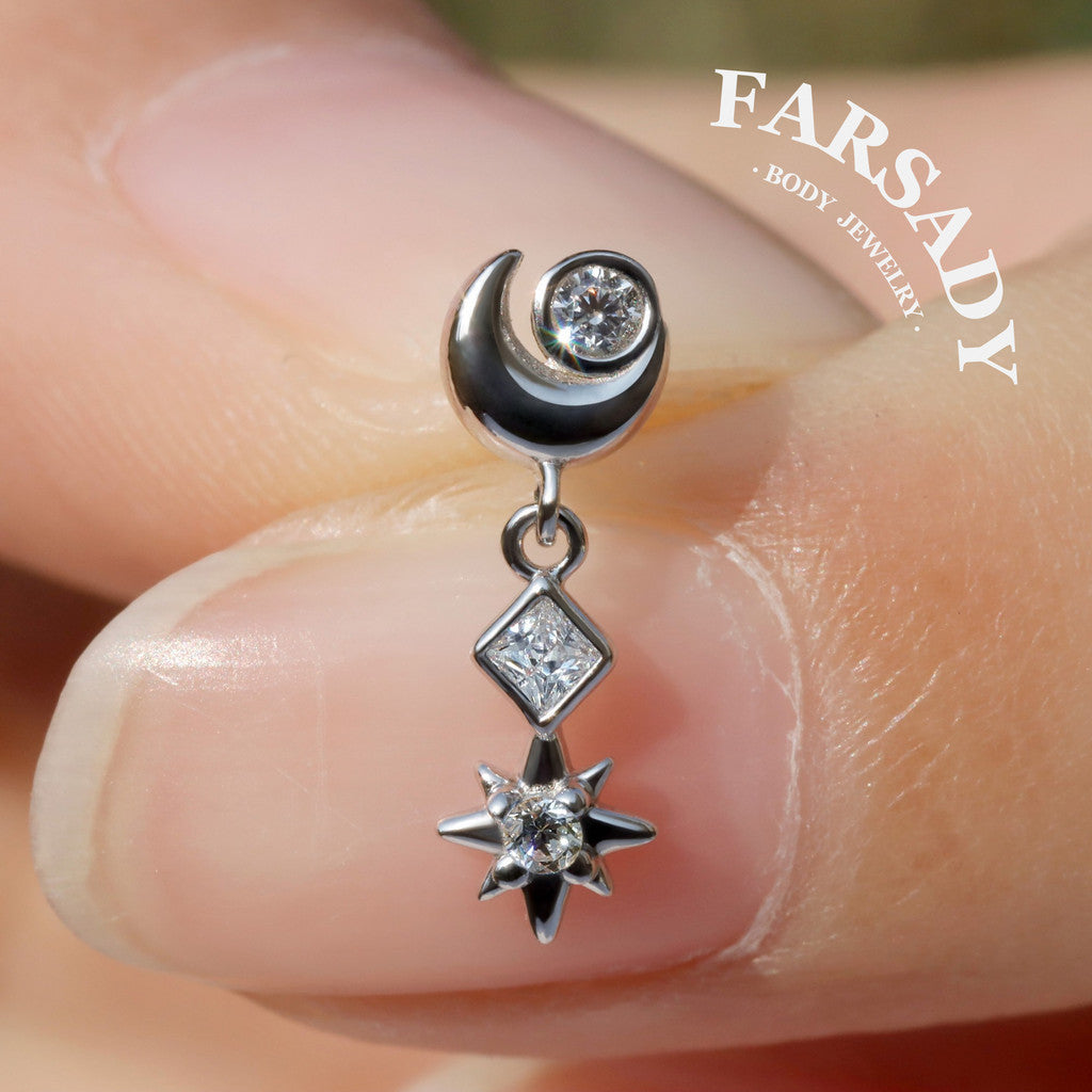 Luna Flare Dangle Threadless Push In Helix Stud, Sterling Silver Cartilage Stud, Flat Back Titanium Post, Design Satr Tragus/ Lobe Earring