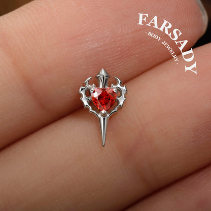 Sterling Silver Flame Red Heart Sword Threadless Helix Stud• 925 Silver & F136 Titanium Earrings• Romantic Gothic Jewelry•Flat Back Cartilage Tragus Jewelry