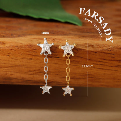 Sterling Silver Dangle Star Cartilage Earring Threadless Push In, S925 Helix Stud, Flat Back Lobe, Tragus Piercing Jewelry