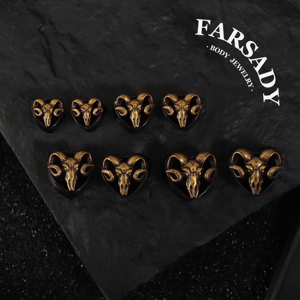 Handmade Ram Skull Ear Plugs Golden Black Acrylic Tunnels Gothic Animal Skull Gauges Unique Ear Stretching Jewelry 8mm 10mm 12mm 14mm Lobe Piercing Body Jewelry