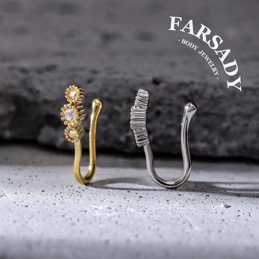 Three Bezel AB CZ Hook - 925 Silver Fake Nose Ring / Fit Non-Pierced Nose Ring