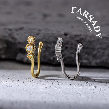 Three Bezel AB CZ Hook - 925 Silver Fake Nose Ring / Fit Non-Pierced Nose Ring