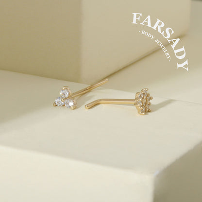 Snow Floret - Solid 14K Gold L-Shape Stud / Fit 20G Nostril Piercing