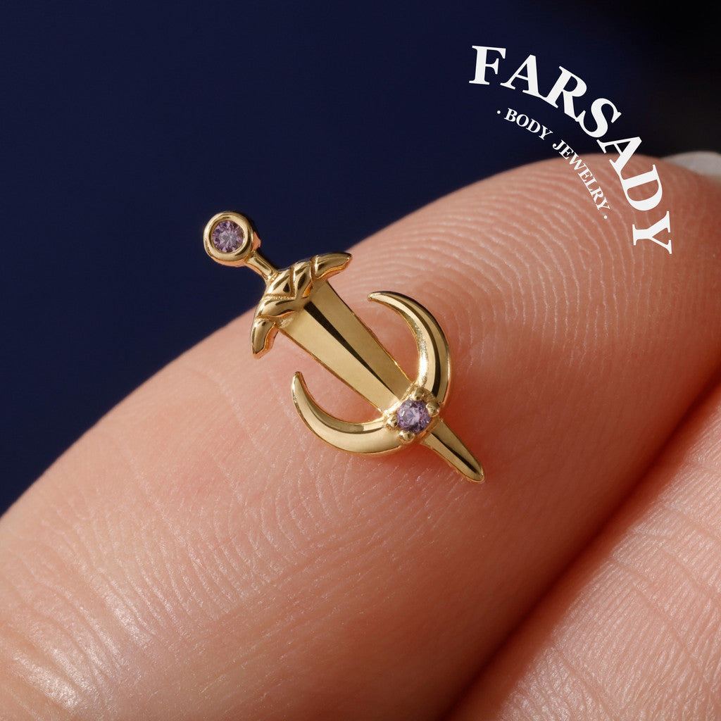 Lunar Sword - 925 Silver Threadless Stud / Fits Cartilage Helix Tragus Lobe Nostril Piercing
