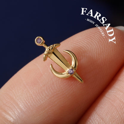 Lunar Sword - 925 Silver Threadless Stud / Fits Cartilage Helix Tragus Lobe Nostril Piercing