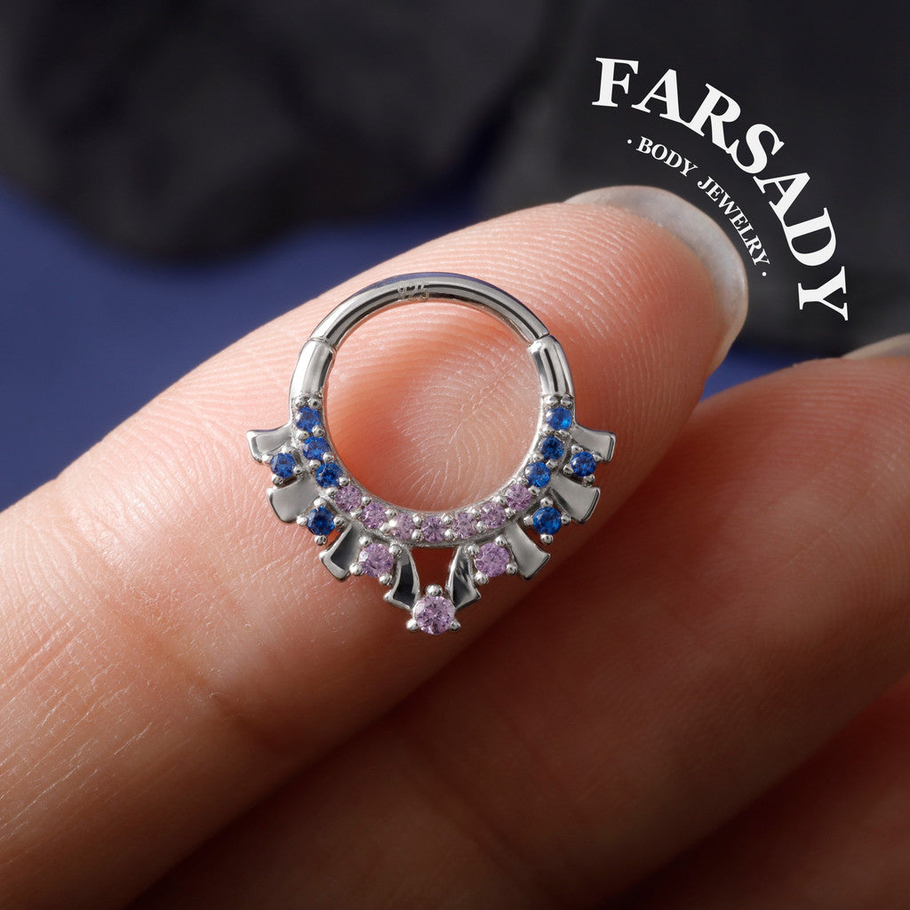 Dusk Fan - 925 Silver CZ Hinged Clicker Hoop / Fits 16G Septum Ring Helix Conch Daith Earring