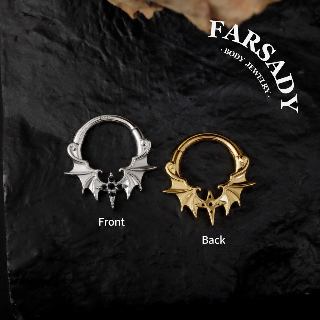 Obsidian Wing - 925 Silver CZ Hinged Clicker Hoop / Fits 16G Septum Ring Helix Conch Daith Earring